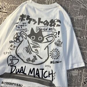Short Sleeve Cat & Lettering Print Loose-Fit T-Shirt